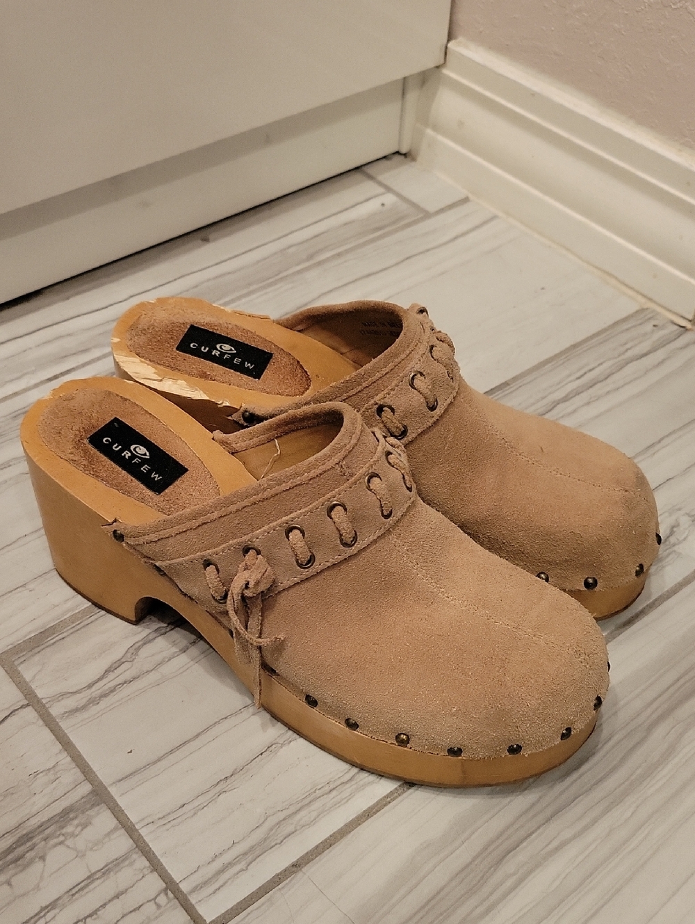 Curfew Tan Suede Platform Clog Mules